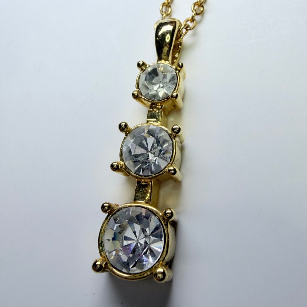 Gold‎ Tone Graduated Triple Crystal Drop Necklace Clear Stone Tiered Pendant